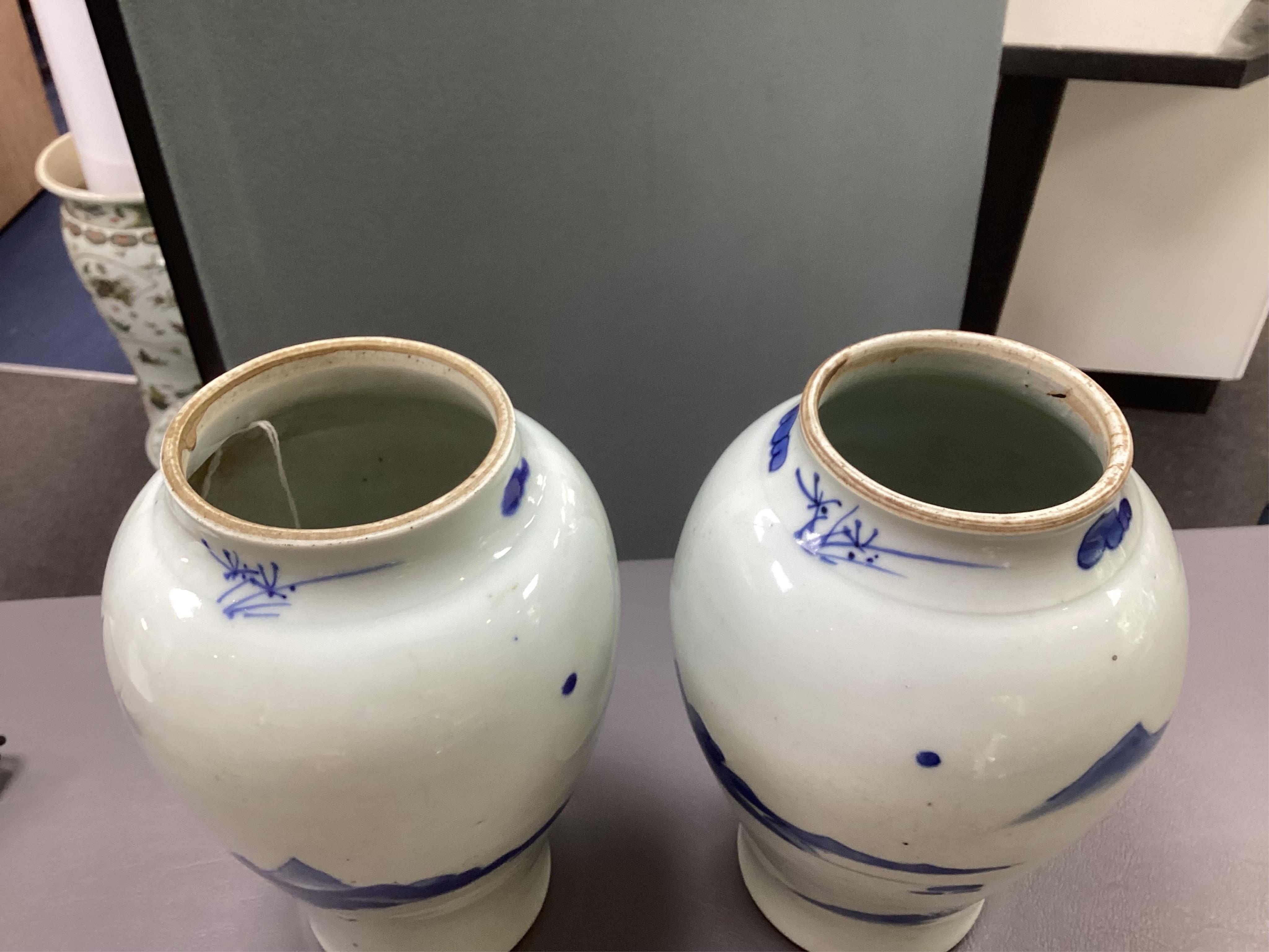 A pair of Chinese Transitional blue and white ‘landscape’ jars, probably Shunzhi period (1644-1661)